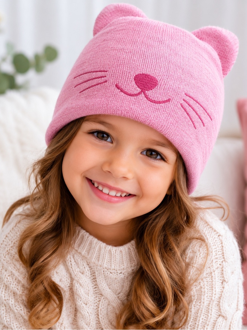 Studio 74 Cute Pink Kitty Cat Animal Cartoon Face Kid’s Knit Statement Beanie